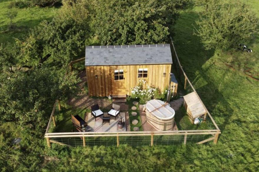 The Orchard Hut- A bespoke shepherds hut with wood fired hot tub.