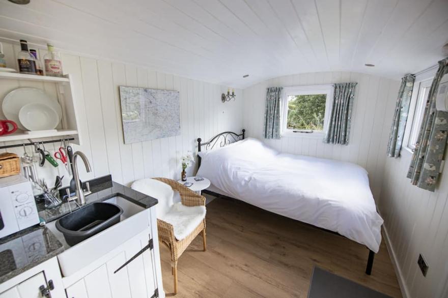 Lovely little Shepherd's Hut which is cosy and comfortable with all the basics