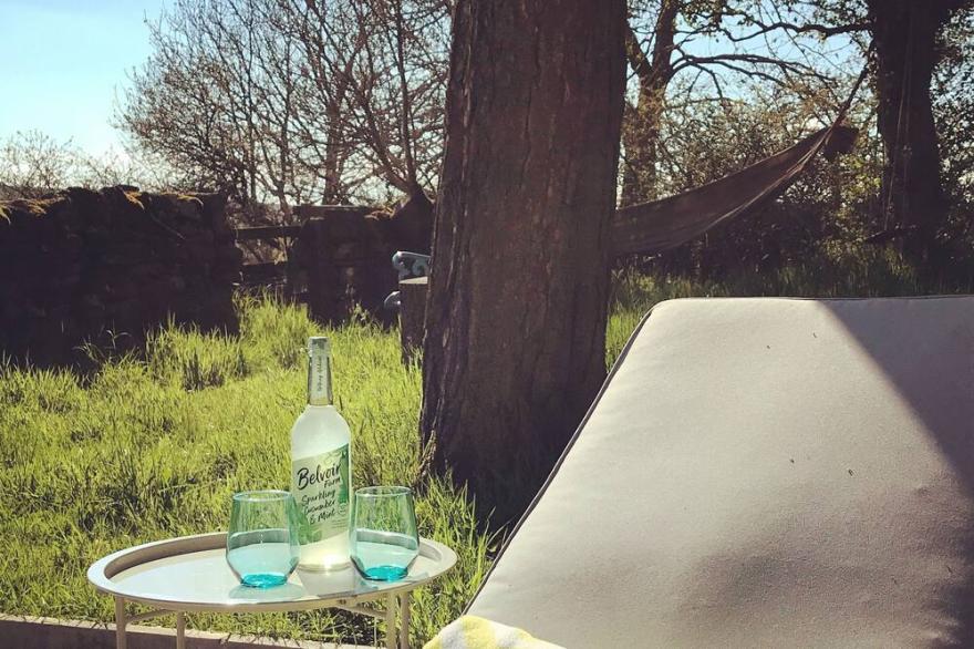 Chicken Coop Cottage- wood-fired hot tub located in the orchard